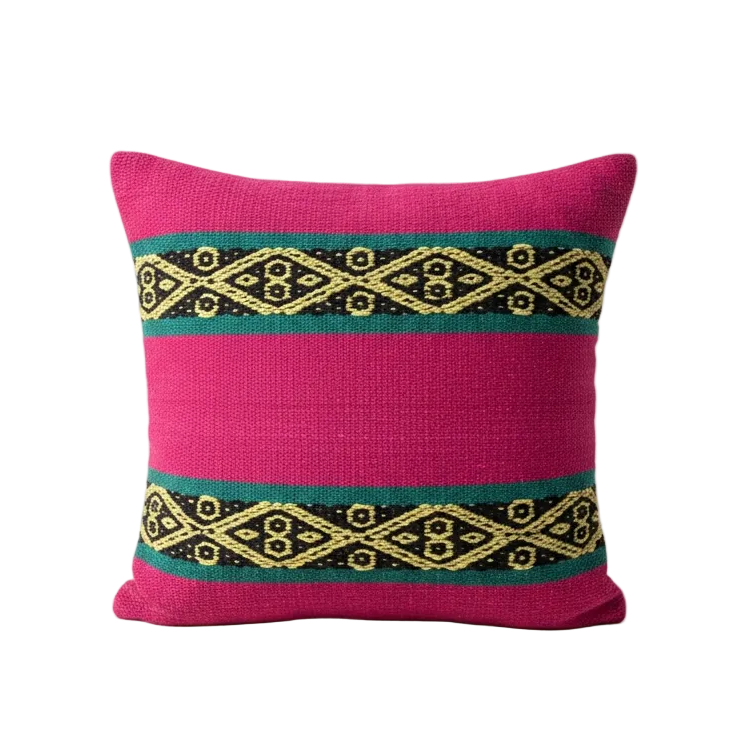 Pink Cushion Cover with Green and Yellow design