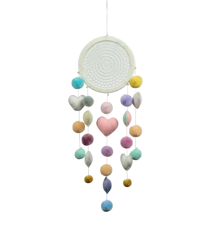 Colorful dreamcatcher with heart-shaped and round pom-pom elements 