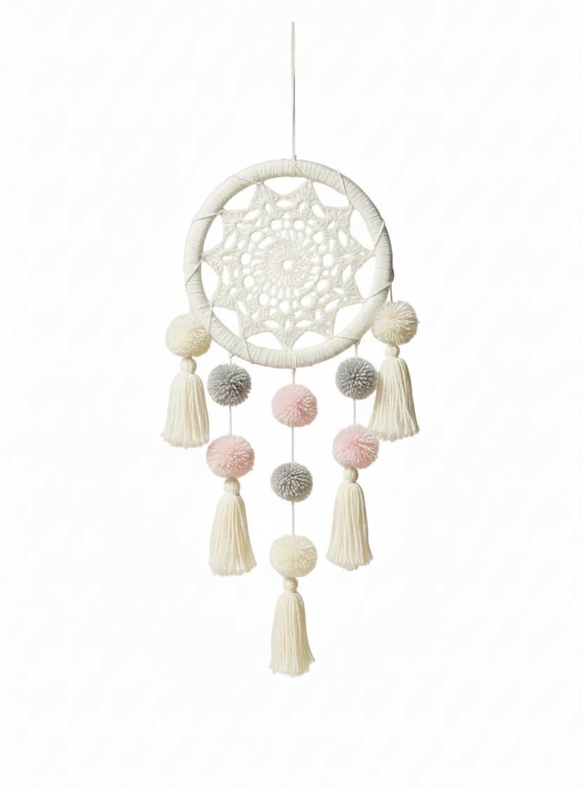 Decorative dreamcatcher with ligth pink and grey pom-poms and tassels 
