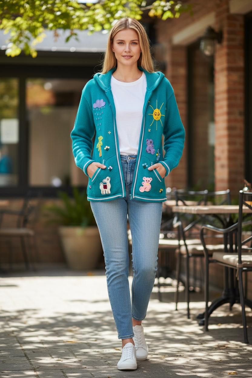 Turquoise Green Adult Cardigan with Hood