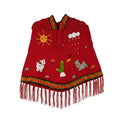 Red children's poncho with colorful animal and weather pattern on a white background